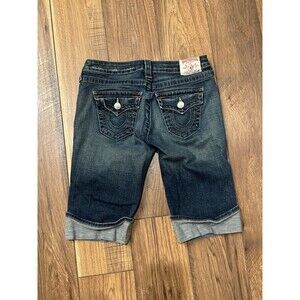 True Religion Denim Shorts Women 28 Blue Cuffed Bermuda Sophie Vtg Y2K Made USA